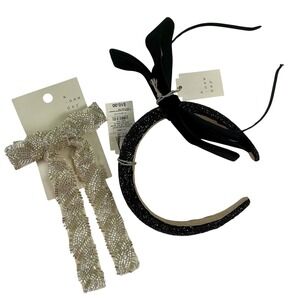 A New Day Headband 3-Set Silver Beaded Bow Black Velvet Sparkle Party